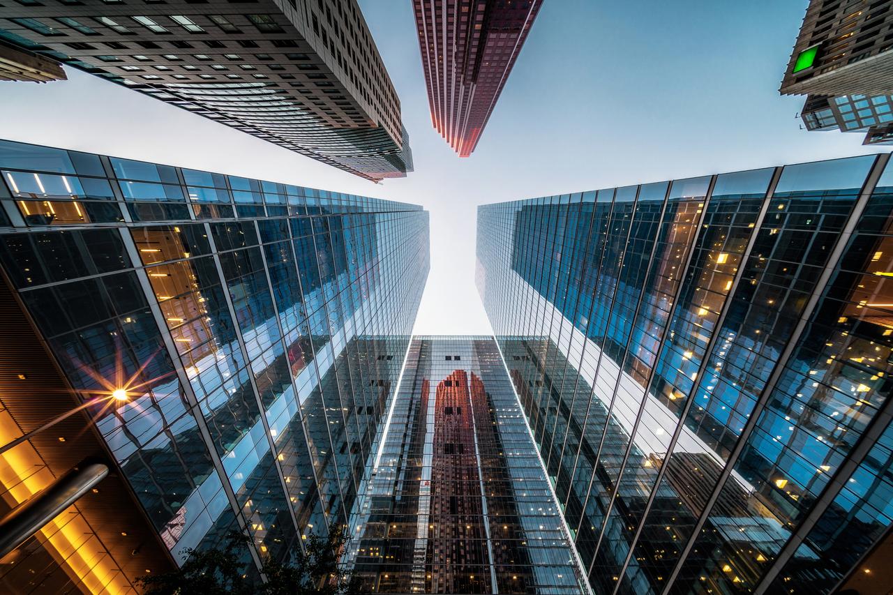 A view of buildings from below